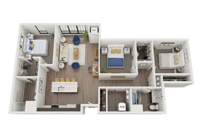 3 bedroom 2 bathroom floor plan D at The Landing at 1001 NP, Fargo, ND, 58102
