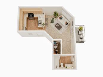 A top down view of a small apartment with a living room, kitchen, and bathroom.