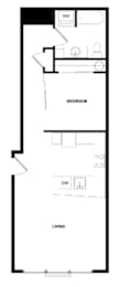 A floor plan of a two-story home with a living room, bedroom, and a bathroom.