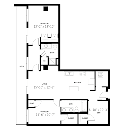 A floor plan of a house with three bedrooms, a living area, kitchen, and bathrooms.