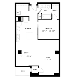 A floor plan of a small apartment with a kitchen, living room, bedroom, and bathroom.