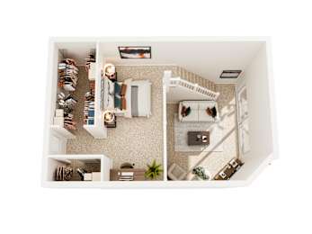A top-down view of a small, neatly organized apartment.