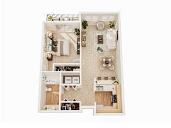 A floor plan of a small apartment with two bedrooms and a living room.