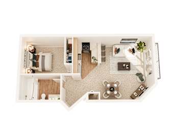 A top-down view of a small apartment with a kitchen, living room, and bathroom.
