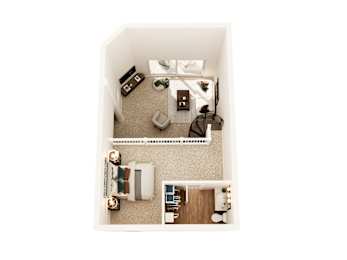 A top down view of a small apartment with a bed, a couch, a table, and a chair.