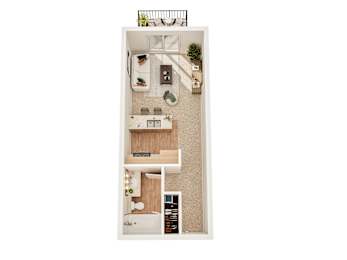A top down view of a small apartment with a kitchen, living room, and bathroom.