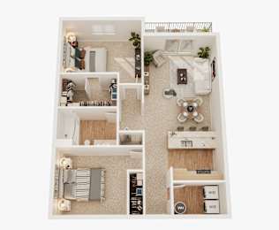 A top-down view of a small apartment layout with a kitchen, living room, and bedroom.