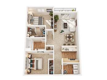 A top-down view of a small apartment with a living room, kitchen, and bedroom.