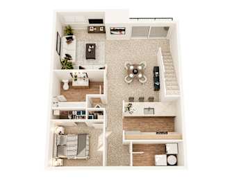 A top-down view of a small apartment with a living room, kitchen, and bedroom.