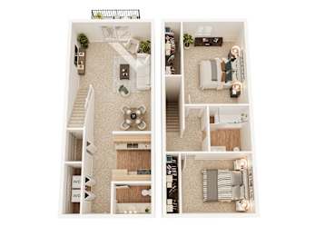 A top-down view of a small apartment with a living room, kitchen, and bedroom.