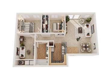 A top-down view of a well-organized apartment with a living area, kitchen, and bedroom.