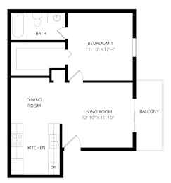 A black and white image of a floor plan for a small apartment.