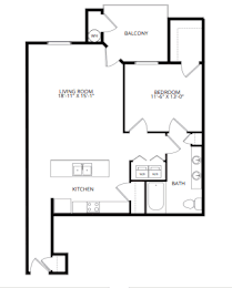 A black and white image of a house floor plan with a living room, kitchen, bathroom and bedroom.
