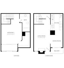A floor plan of a two-story home with a living room, dining room, kitchen, two bedrooms, and two staircases.