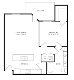 A black and white image of a house floor plan with a living room, kitchen, bathroom, and bedroom.