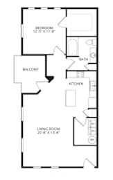 A floor plan of an apartment with a living room, kitchen, bathroom, and bedroom.