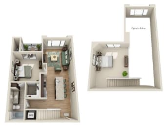 a stylized floor plan with a bedroom and a living room