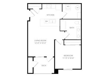 A floor plan of a small apartment with a kitchen, living room, bedroom and bathroom.