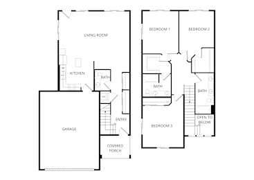 A floor plan of a house with three bedrooms, a garage, and a covered porch.