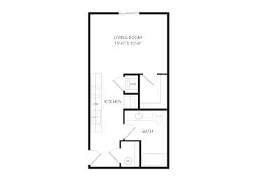 A floor plan of a small apartment with a living room, kitchen, and bathroom.