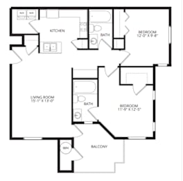 A black and white image of a house floor plan with a kitchen, living room, two bathrooms, two bedrooms, and a balcony.