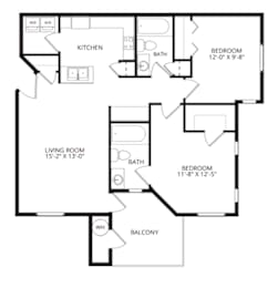 A black and white image of a floor plan for a home with a living room, kitchen, two bedrooms, a bath, and a balcony.