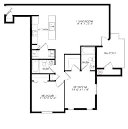 A black and white image of a floor plan for a home with a living room, kitchen, balcony, and two bathrooms.
