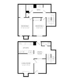 A floor plan of a two bedroom apartment with a living room, kitchen and dining room.