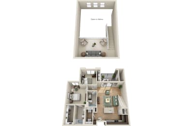 a stylized floor plan with a bedroom and a living room