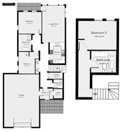 A floor plan of a house with three bedrooms, a living room, a kitchen, a bathroom, a garage, and an attic space.