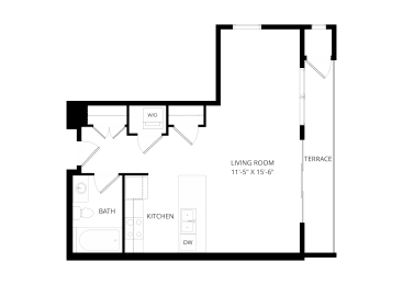 a floor plan of a 1 bedroom floor plan with an open floor plan and a