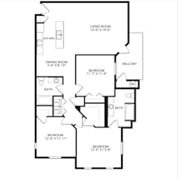 A black and white image of a house floor plan with a living room, dining room, kitchen, and four bedrooms.