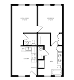 A black and white image of a floor plan for a small apartment.