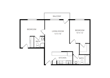 A black and white image of a house floor plan with a living room, two bedrooms, a kitchen, and a balcony.