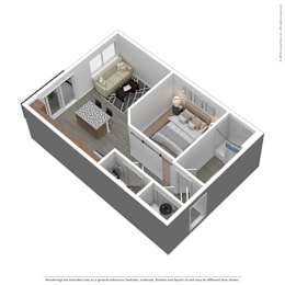 A 3D image of a house layout with a living room, dining room, kitchen, and two bedrooms.