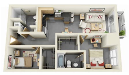 A 3D floor plan of a small apartment with a kitchen, living room, and bathroom.