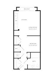 A floor plan of a small apartment with a living room, bedroom, kitchen, and bathroom.