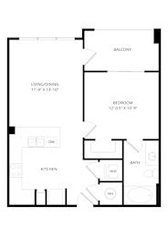 A black and white image of a floor plan for a small apartment.