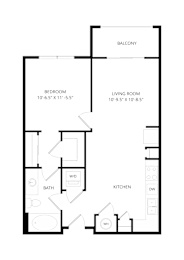 A floor plan of a small apartment with a bedroom, living room, kitchen, bathroom, and a balcony.