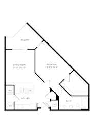 A floor plan of a small apartment with a living room, bedroom, kitchen, and bathroom.