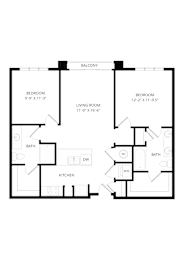 A black and white image of a floor plan for a two bedroom apartment.