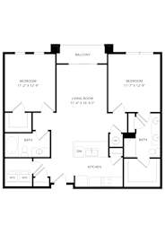 A black and white image of a floor plan for a two bedroom apartment.