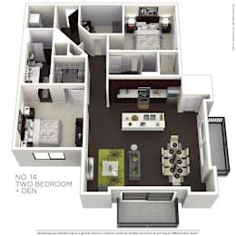 A floor plan of a two bedroom apartment with a den.