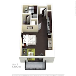 A floor plan of a studio apartment with a living room, bedroom, and kitchen.