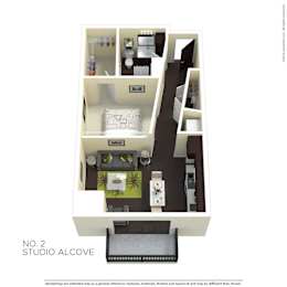 A floor plan of a studio alcove with a bed, desk, and kitchenette.