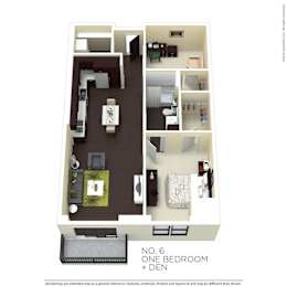 A floor plan of a one bedroom apartment with a den.