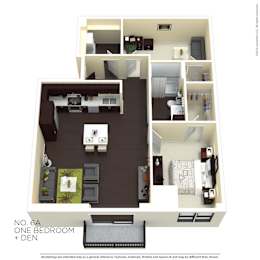 A floor plan of a one bedroom apartment with den.