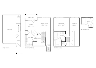A black and white diagram of a three-story house with labeled rooms.