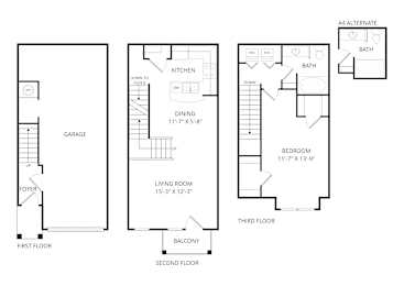 A set of three floor plans for a house with a garage, living room, and bedrooms.