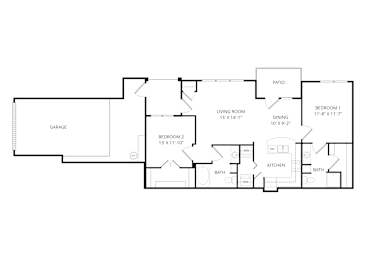 A floor plan of a house with a garage, two bedrooms, a living room, a dining room, a kitchen, and two bathrooms.